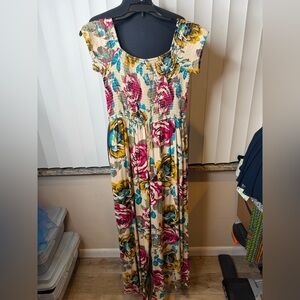 Band of Gypsies Multicolor Floral Maxi Smocked Wide Leg Jumpsuit  Pockets SZ Med